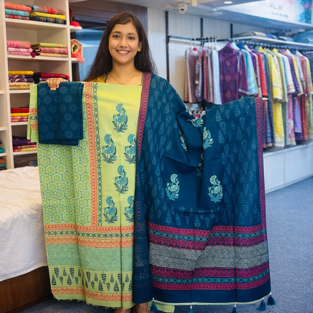 Block Print Cotton Three Piece For Women – 3 Piece Dress