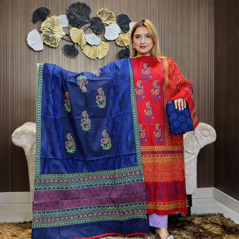Block Print Cotton Three Piece For Women – 3 Piece Dress